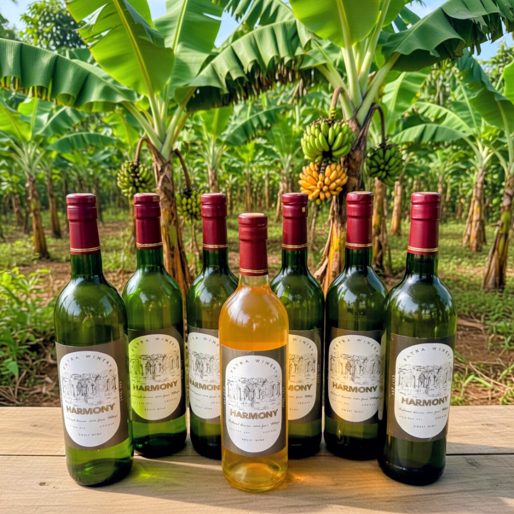 Harmony banana wine bottles in a banana plantation